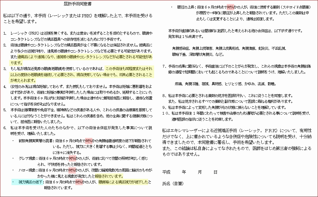 レーシックの同意書